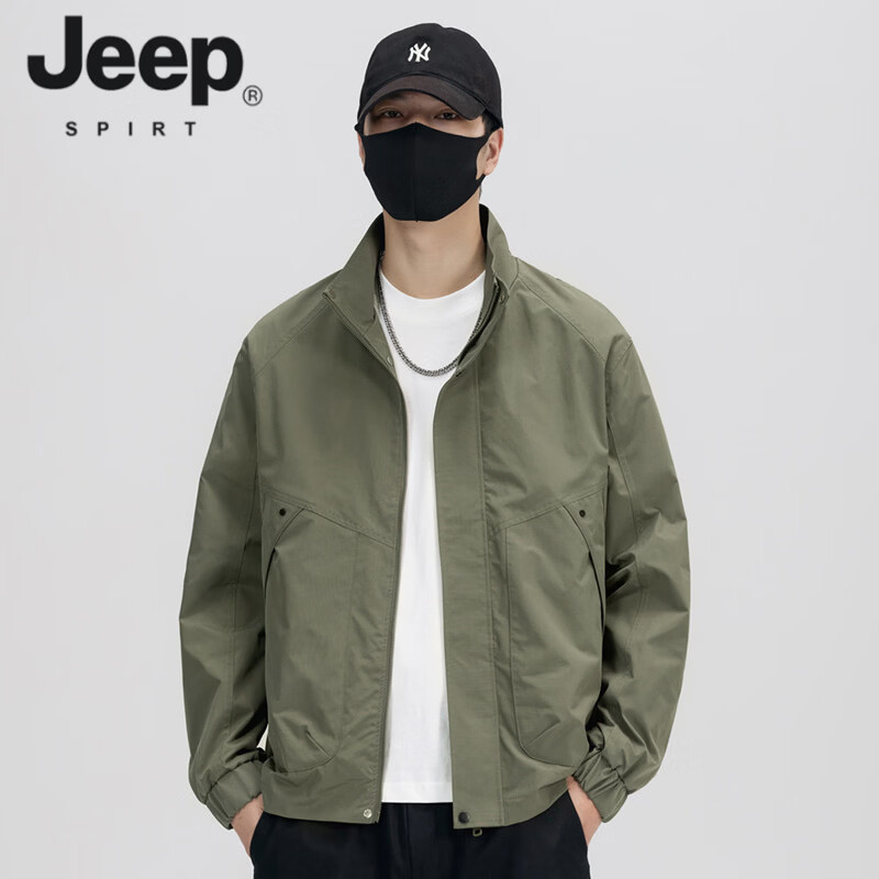 JEEP SPIRIT Men's Jacket Spring and Autumn 2026 New Trendy Brand Stand Collar Loose Casual Men's Top Work Jacket Men's Spring Green L (Recommended 110-130 catties)