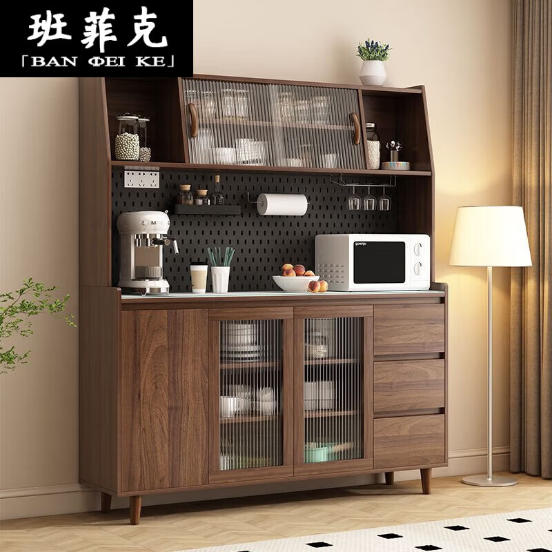 Banfik solid wood sideboard integrated wall-mounted Nordic modern living room wine cabinet tea cabinet multi-functional kitchen storage cabinet solid wood board walnut glass door 140