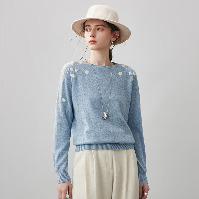 Kemenboca 2025 autumn and winter new style fresh embroidered cashmere sweater women's round neck sweater loose bottoming sweater Dream Blue M