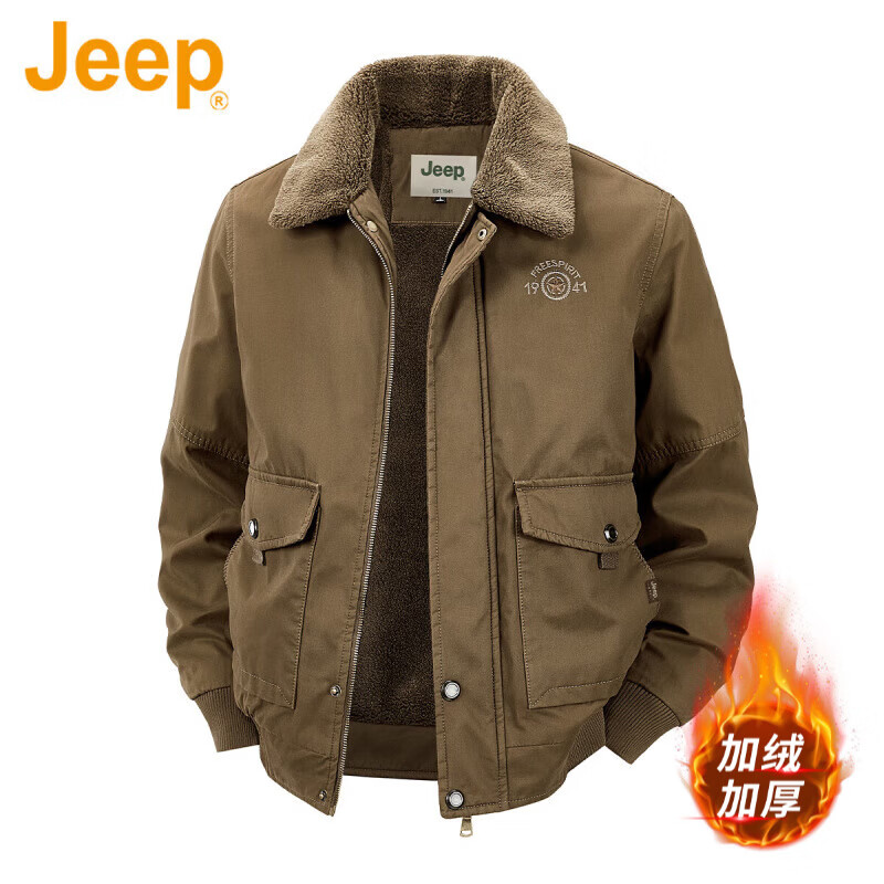 JEEP American genuine high-end pure cotton sherpa jacket men's winter lapel workwear warm and cold-proof cotton coat spring and autumn brown-100% cotton plus velvet official authentic 2XL suitable for about 160 pounds