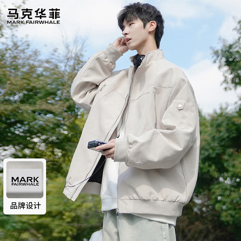 MARK FAIRWHALE Jacket Men's Winter Aviator Jacket Men's Trendy Brand Baseball Uniform Casual Versatile Men's Clothing Off-White XL