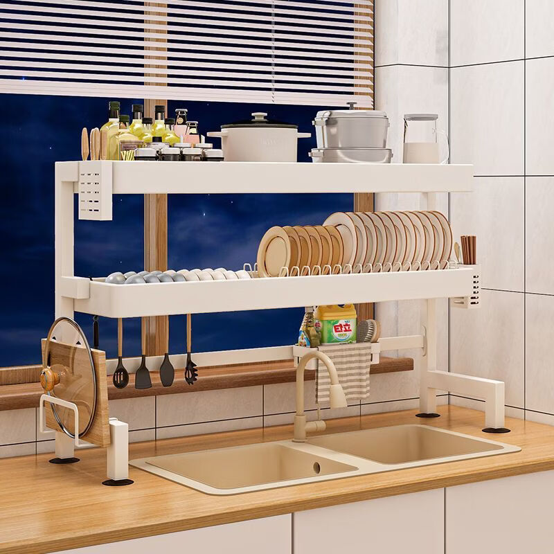 Fat Donglai's same style kitchen storage rack, countertop storage rack, drain rack, multi-functional multi-layer storage rack, simple storage of sundries, top list, stable carbon steel, milky white, suction cup foot pads included, basic model, 55cm single layer, provided with hooks