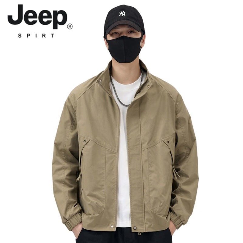 JEEP SPIRIT Men's Jacket Spring and Autumn 2026 New Trendy Brand Stand Collar Loose Casual Men's Top Work Jacket Men's Spring Green L (Recommended 110-130 catties)