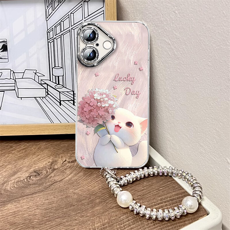 Shihan comes with lens film, suitable for Apple 17 mobile phone case, iphone17 protective cover, all-inclusive lens, anti-fall internet celebrity, advanced creative men's and women's feather yarn shell, hydrangea cat with bracelet
