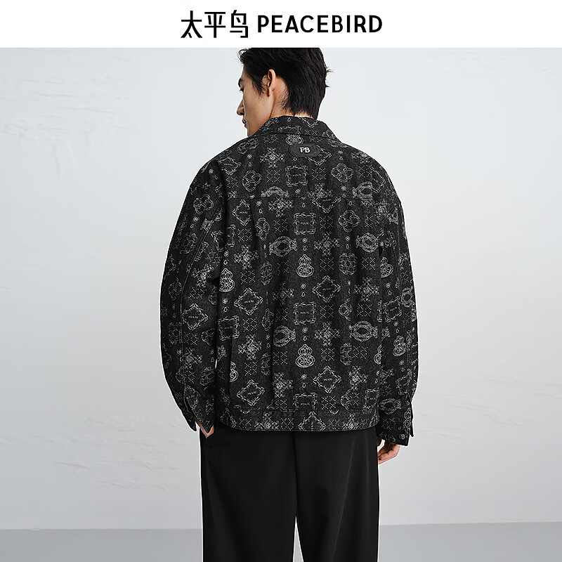 PEACEBIRD Men's Wear Shopping Mall Same Style Casual Jacket Fashion Jacquard Denim Men's Jacket B2BJG1117 Denim Medium Black 1 S