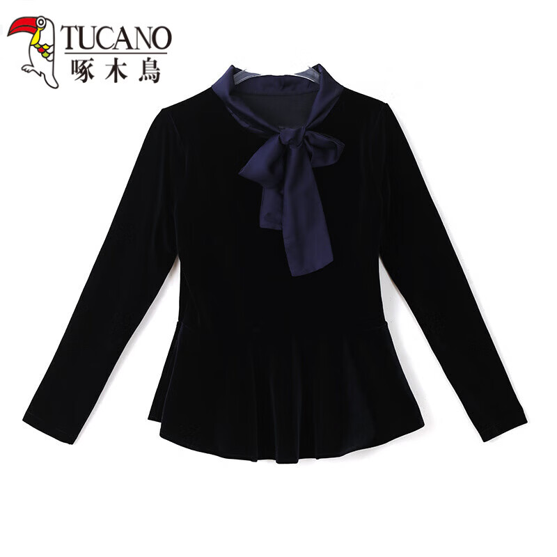 Woodpecker (TUCANO) gold velvet shirt women's long-sleeved bottoming shirt spring, autumn and winter new style waist skirt top mom style noble lining navy blue M recommended 85-100 pounds
