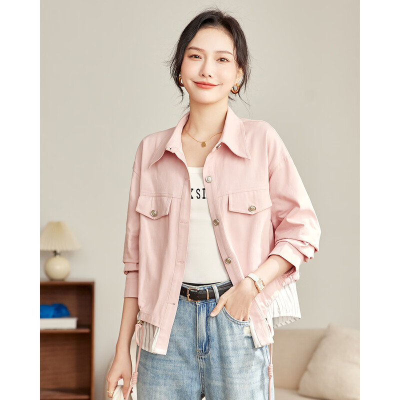 TERRE BLEUE casual short workwear denim jacket for women 2026 spring and autumn new loose striped stitching fake two-piece slimming top