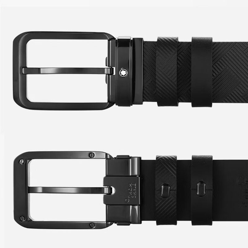 Montblanc business casual men's belt, classic 3.5cm wide series double-sided leather belt, gift choice 130587 (rectangular pin buckle) black embossed/black flat double-sided