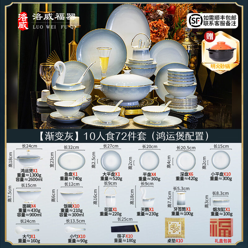 Lowe Jingdezhen bowls, plates and tableware set, light luxury and high-end, underglaze color ceramic bowls and chopsticks set for home relocation, gradient gray 10-person meal with soup pot gift box (underglaze color microwave gold) 72-piece set