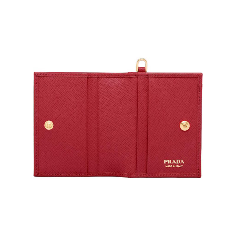 PRADA metal engraved snap closure Saffiano lanyard wallet card holder for women red New Year gift gift box (basic + original box)