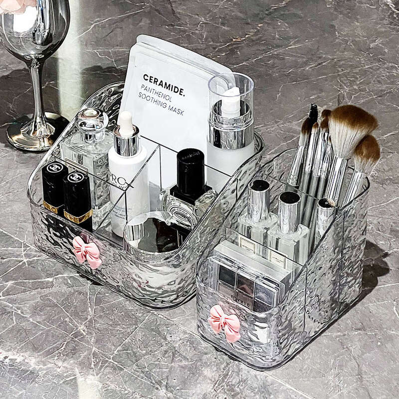 Yusen Yipin Storage Box Desktop Skin Care Products High-Quality Brushes Large-Capacity Storage Rack Water Ripple Combination Bow Small Size 3 Compartments Large Size 4 Compartments