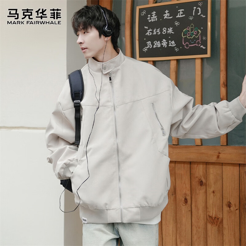 MARK FAIRWHALE Jacket Men's Winter Aviator Jacket Men's Trendy Brand Baseball Uniform Casual Versatile Men's Clothing Off-White XL