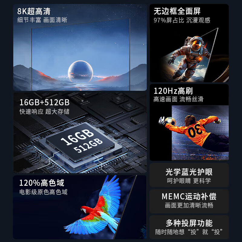 Super Color Ace Top 10 TVs Borderless 8K LCD Full Screen Ultra HD Blu-ray WiFi Remote Control Voice Mobile Phone Screen Living Room Home Eye Protection Smart Network 75-inch 2025 Borderless Full Screen TV Ultra-Thin Smart Network Version 8+128GB Door-to-Door Delivery