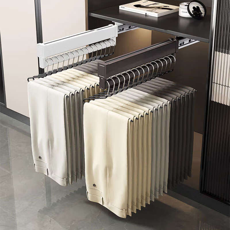 Fantasy pull-out trouser rack with retractable slide rails and built-in top-mounted trouser storage. Modern gray leather damping anti-slip striped cabinet. Interior depth 47.5cm