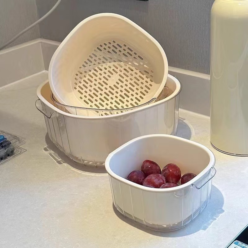Shantou Lincun Drainage Basket Wash Basin Double-layer Drainage Basket Home Kitchen Fruit Plate Storage Basket Fruit Washing Basin Double-layer Drainage Basket Small
