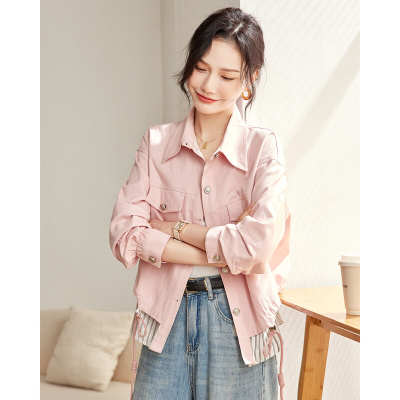 TERRE BLEUE casual short workwear denim jacket for women 2026 spring and autumn new loose striped stitching fake two-piece slimming top