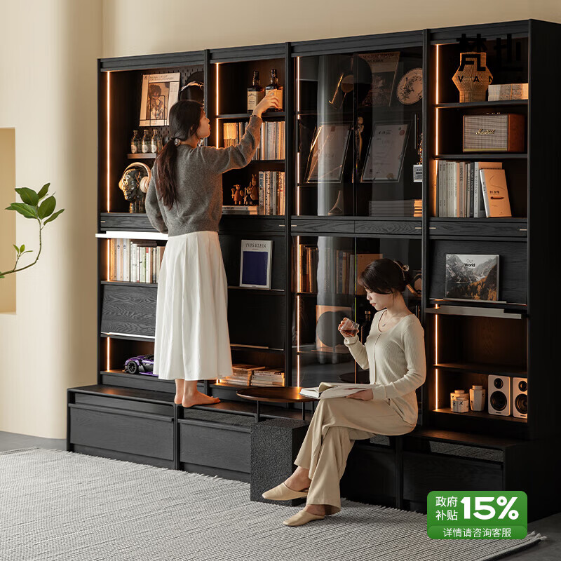 Fanye Furniture Guanshan Bookcase solid wood wall-to-wall card holder integrated living room home storage cabinet simple black bookshelf combination cabinet ash wood A+C+B+C (same model as the main picture with base)