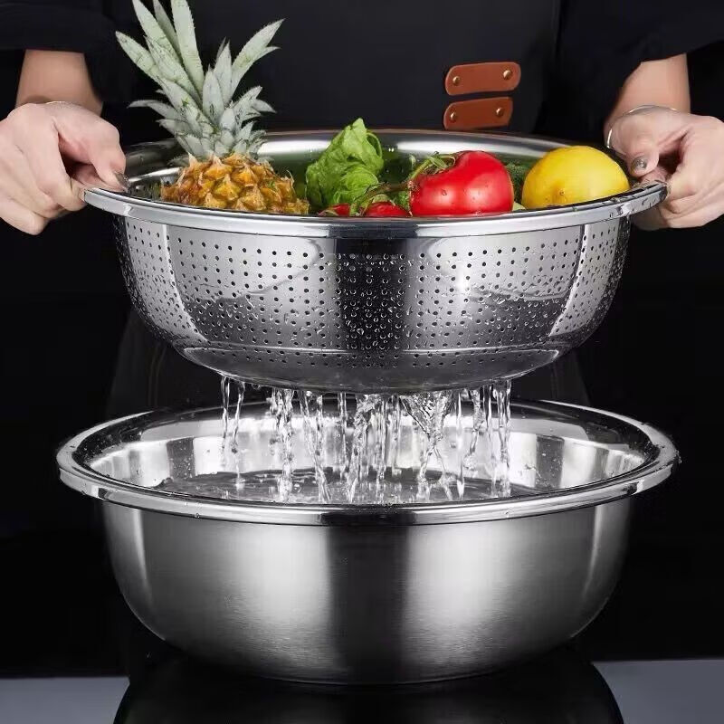 Tuojin extra thick 304 stainless steel leaky basin food grade vegetable washing drain basin rice washing basin kitchen two-piece set rice sieve draining dishes 304 solid basin + leaky basin 1 each 36cm total 2 pieces