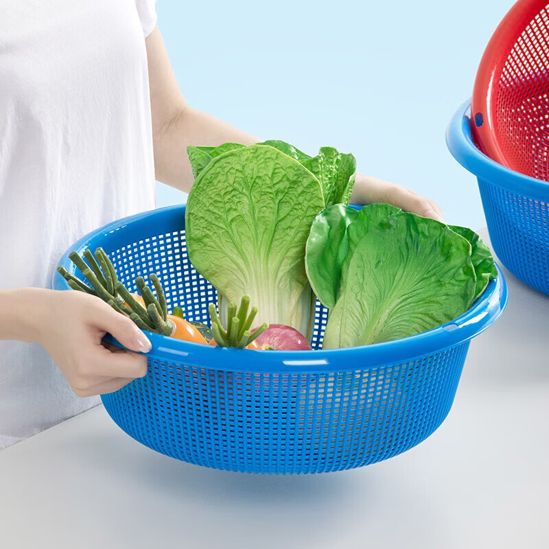 Camellia Lehui Round Sieve Plastic Basket Round Thickened Vegetable Basket Storage Large Organizing Kitchen Drainage Blue Household White 47.2CM