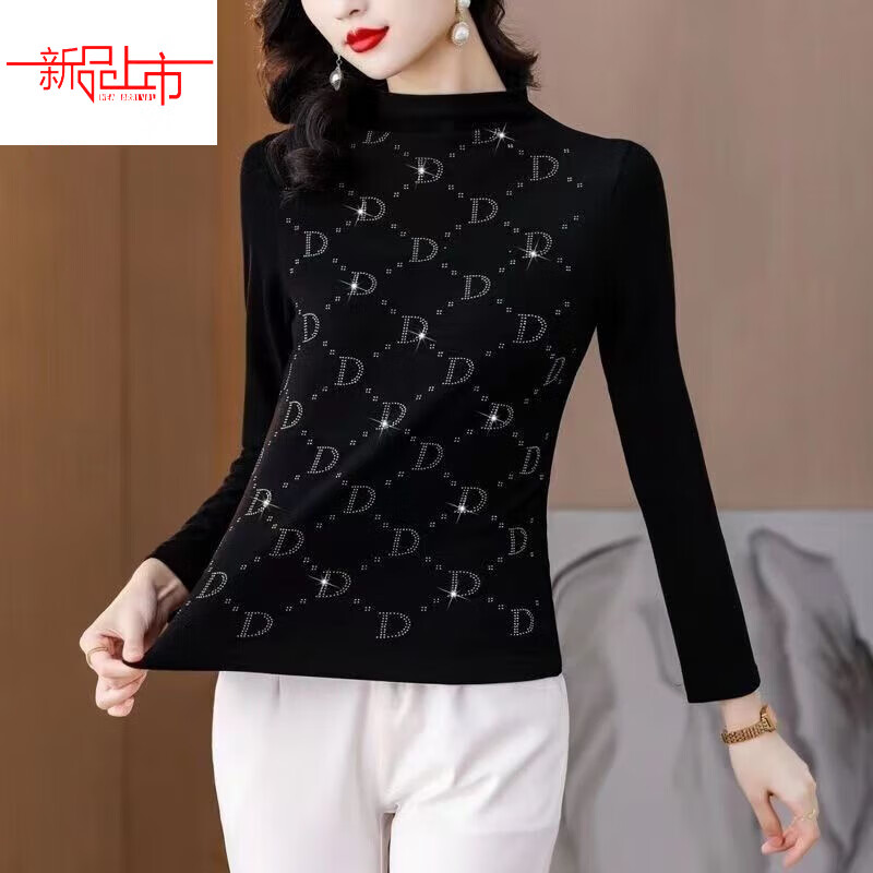 Yalu double-sided German velvet half turtleneck women's warm tops 2025 autumn and winter versatile Western hot diamond bottoming shirt women's new style small wave double-sided German velvet 713 XL recommended 125 catties-135 catties