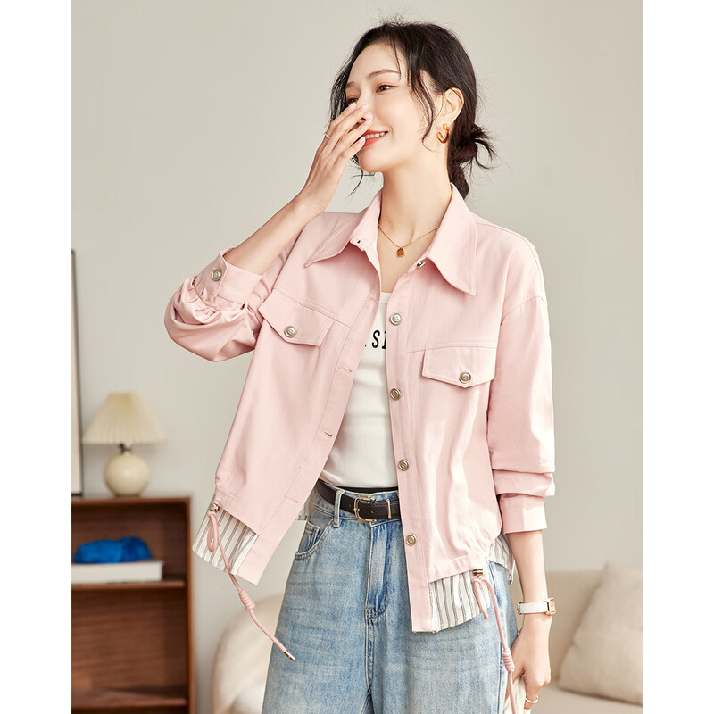 TERRE BLEUE casual short workwear denim jacket for women 2026 spring and autumn new loose striped stitching fake two-piece slimming top