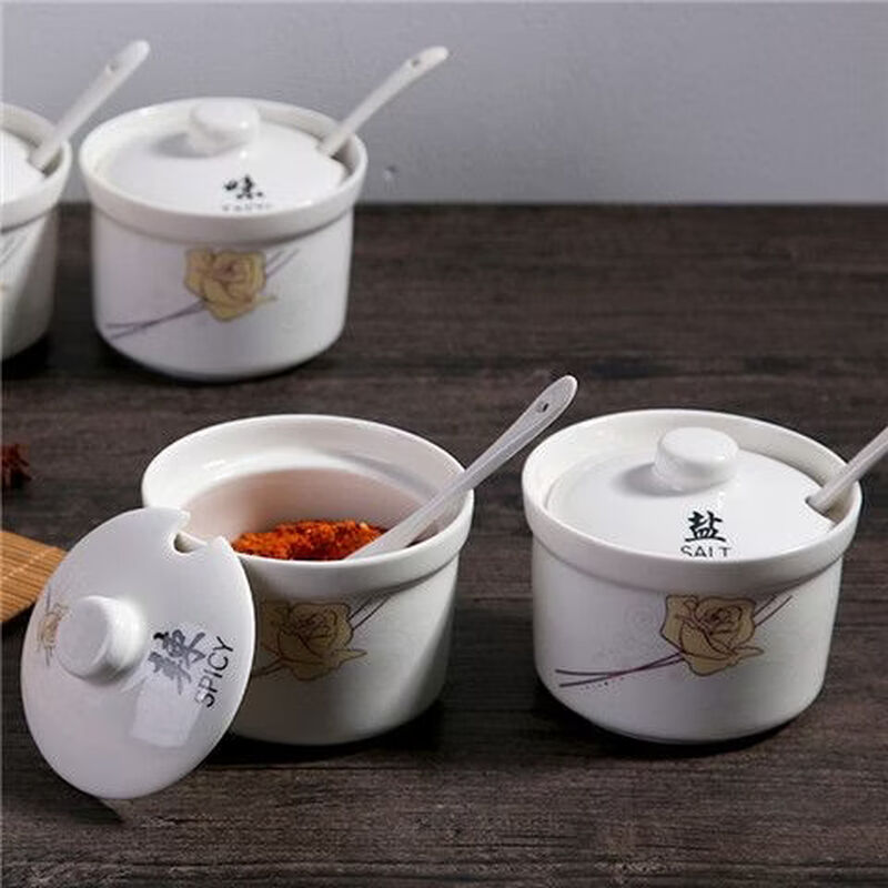 Fantasy German imported quality ceramic seasoning jar kitchen seasoning jar household salt shaker seasoning jar seasoning box chicken essence jar with spoon (approximately 250 grams)