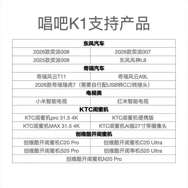 Changba K1 Wireless Karaoke Microphone, KTV Singing Wireless Microphone Dual Pack, Suitable for Xiaomi TV, Dongfeng Fengshen L8 Car, etc. Please pay attention to the compatible model when placing an order.