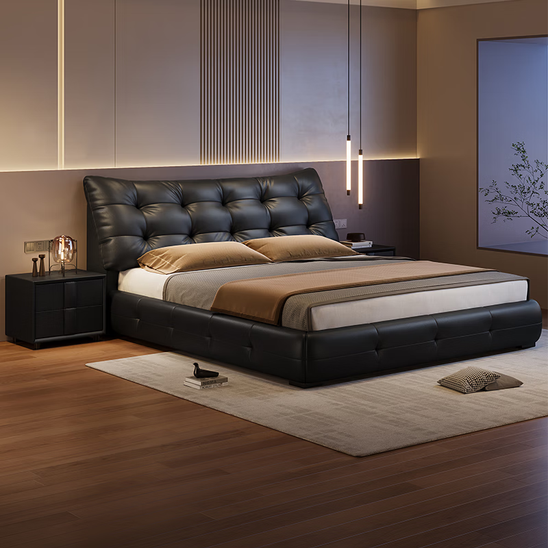 Songxian leather double bed 1.5m x 2m master bedroom king bed large black bear leather bed row frame storage bed #t07 embedded-11