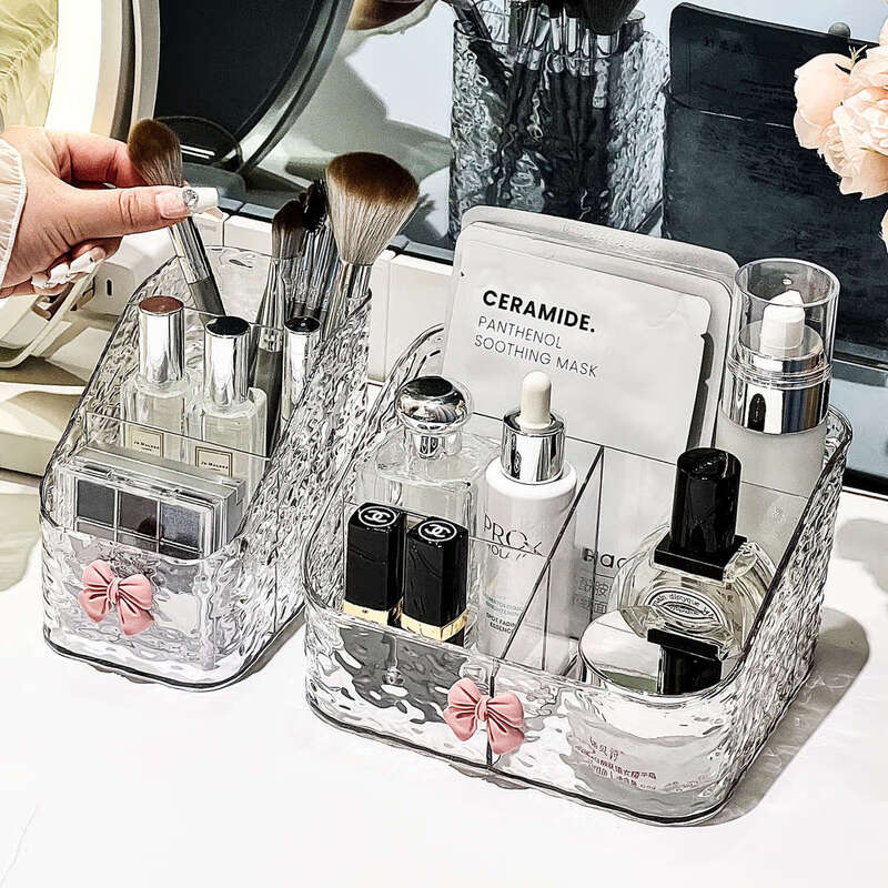 Yusen Yipin Storage Box Desktop Skin Care Products High-Quality Brushes Large-Capacity Storage Rack Water Ripple Combination Bow Small Size 3 Compartments Large Size 4 Compartments