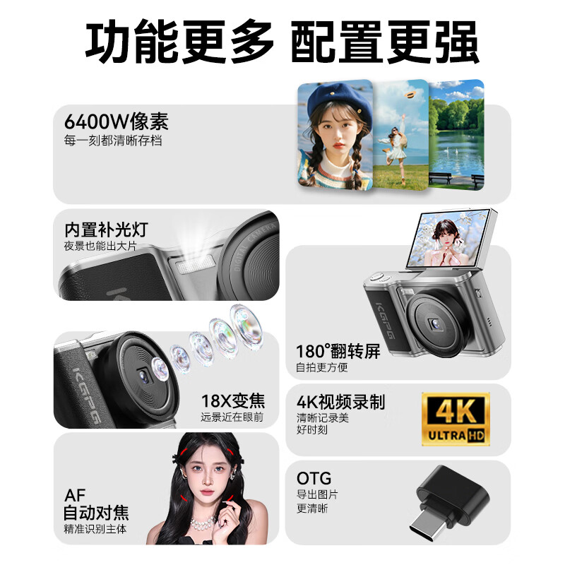 KGPG New Year Gift Digital Camera Flip Screen CCD Camera Polaroid Student Selfie Travel Special Micro Single Camera Spring Festival Valentine’s Day Girlfriend Birthday Gift Gray