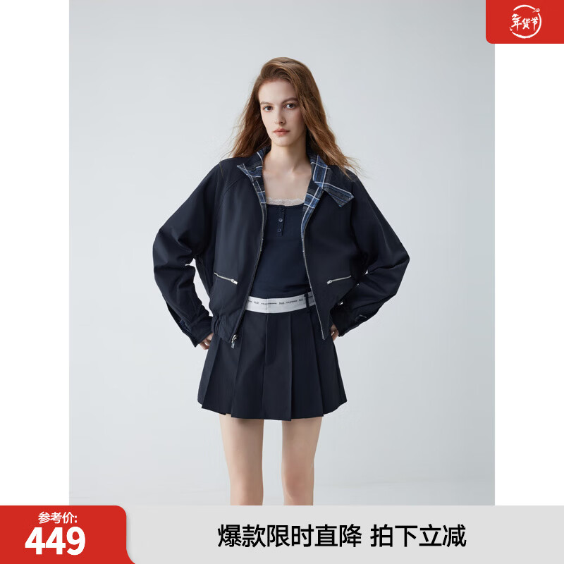 ELLE Navy Blue Plaid Reversible Short Jacket Women's 2025 Autumn New Casual Loose Design Top Navy S