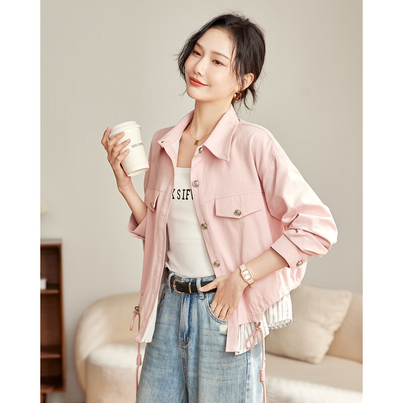 TERRE BLEUE casual short workwear denim jacket for women 2026 spring and autumn new loose striped stitching fake two-piece slimming top