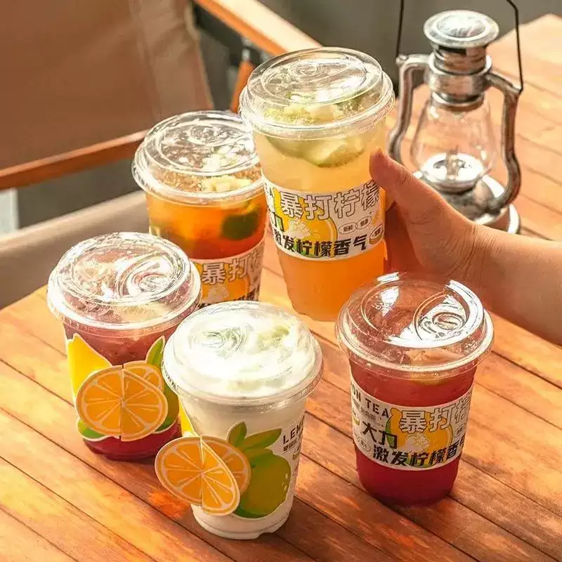 Miaopule Lemon Tea Cup Disposable Covered Milk Tea Cup for Street Fighting, Household Cup Set, Commercial Customized Cup (Five-piece Set) Green Rich-Cup-Flat Lid-Straw-Leak-proof Paper 50 Sets+700ml