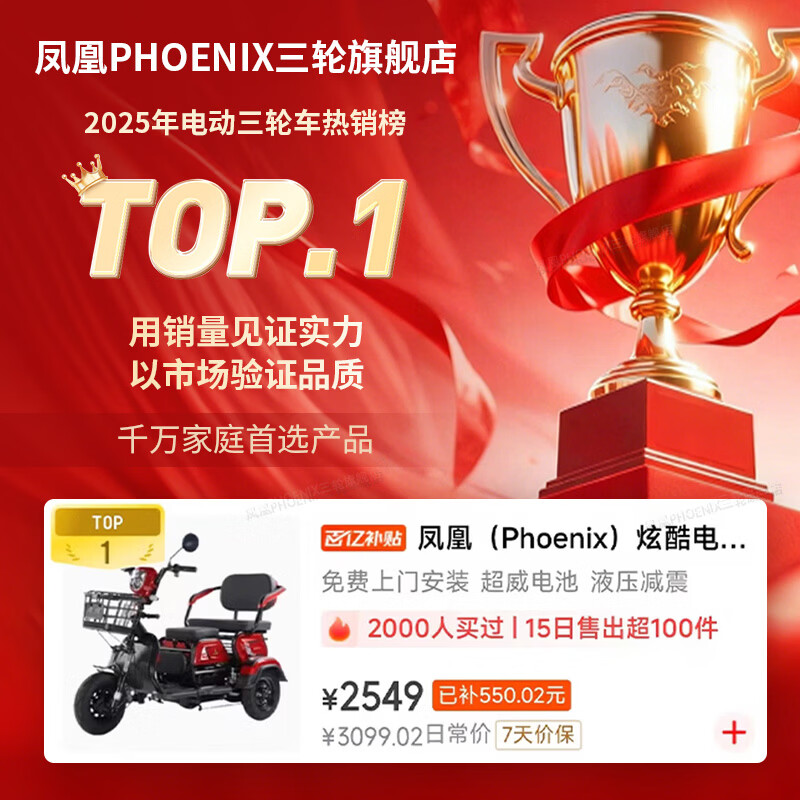 Phoenix (Phoenix) cool electric tricycle household small elderly walking electric vehicle tricycle elderly leisure battery car 600W丨48V20A lead-acid + battery life about 40 kilometers