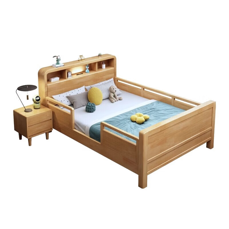 Children's solid wood bed with guardrails dormitory student single bed 1.5 meters simple small apartment bedroom bed with lights solid wood single bed door-to-door delivery 1.35 meters * 2.0 meters frame structure