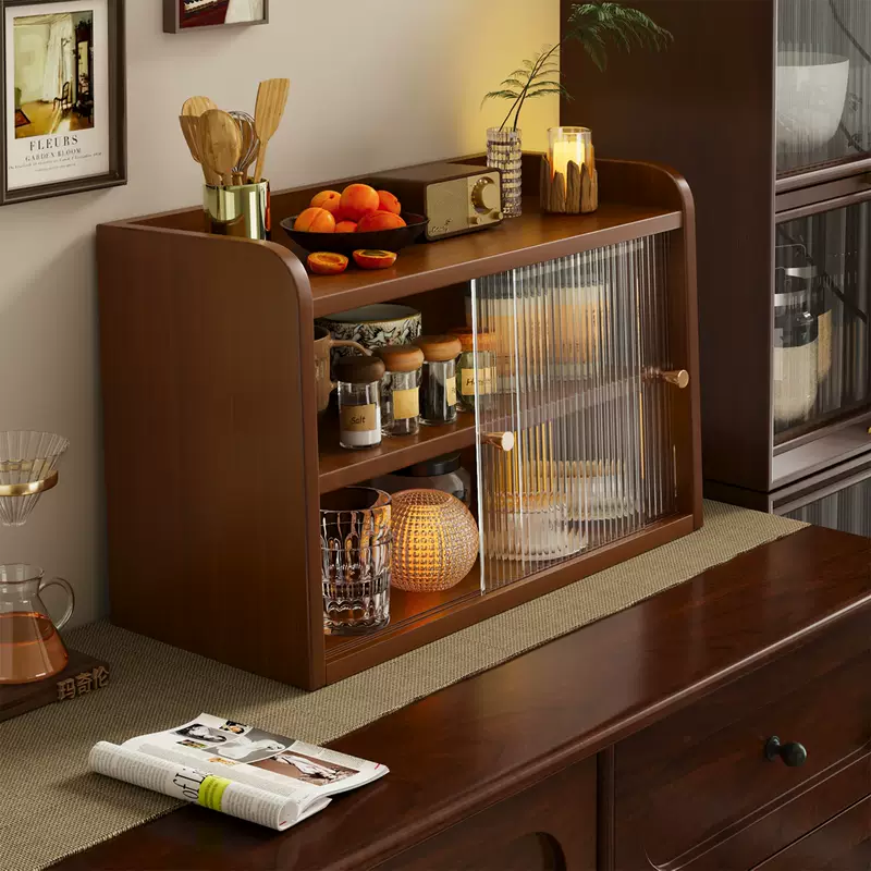 Yusenyi solid wood cup holder cup storage rack desktop sideboard water cup coffee cup dining table table top storage cabinet shelf double-layer sliding door noble white (extra thick explosion-proof and high transparency)