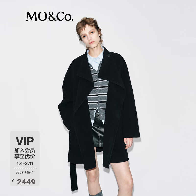 MO&Co. Woolen Coat 2025 Winter New Product One-button High Collar Diagonal Plaid Design Double-sided Woolen Coat MBE4OVC041 Black S /160