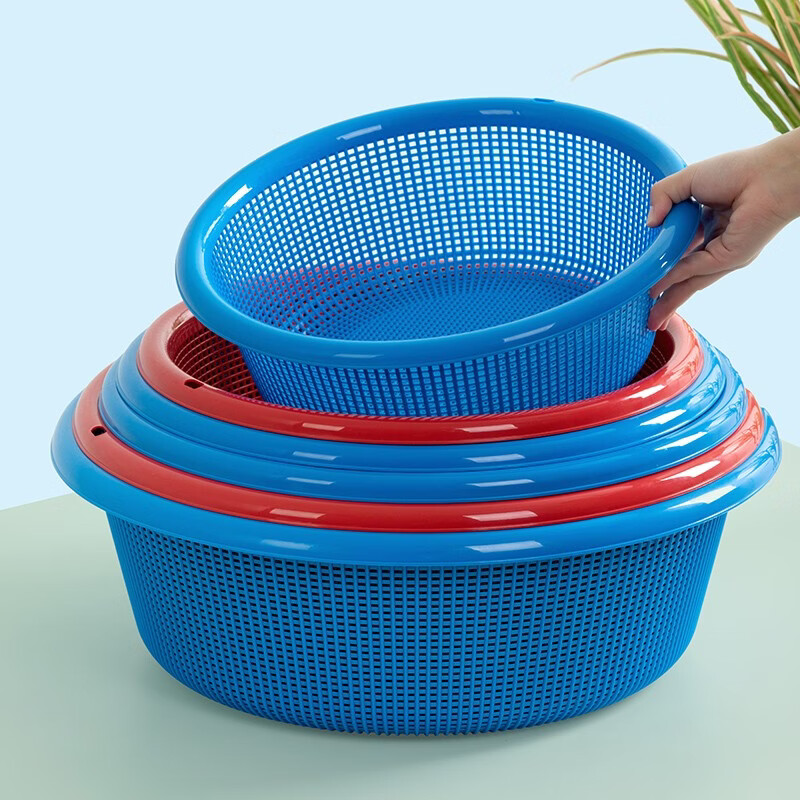 Camellia Lehui Round Sieve Plastic Basket Round Thickened Vegetable Basket Storage Large Organizing Kitchen Drainage Blue Household White 47.2CM