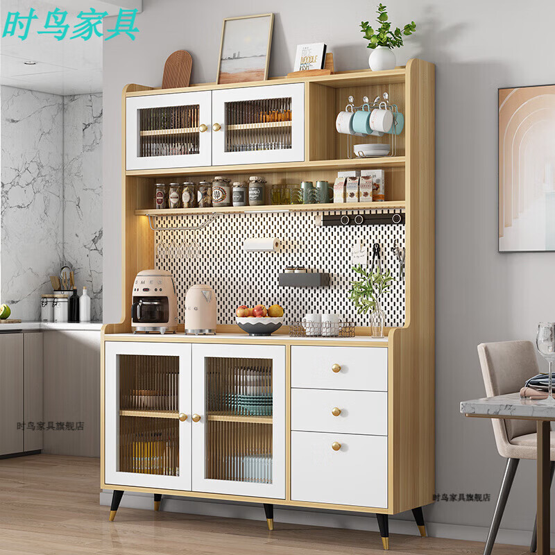 Shiniao German quality light luxury sideboard multifunctional cupboard integrated living room tea cabinet wine cabinet modern simple wall-mounted 120-length minimalist door champagne color cabinet + rock plate + perforated board double door