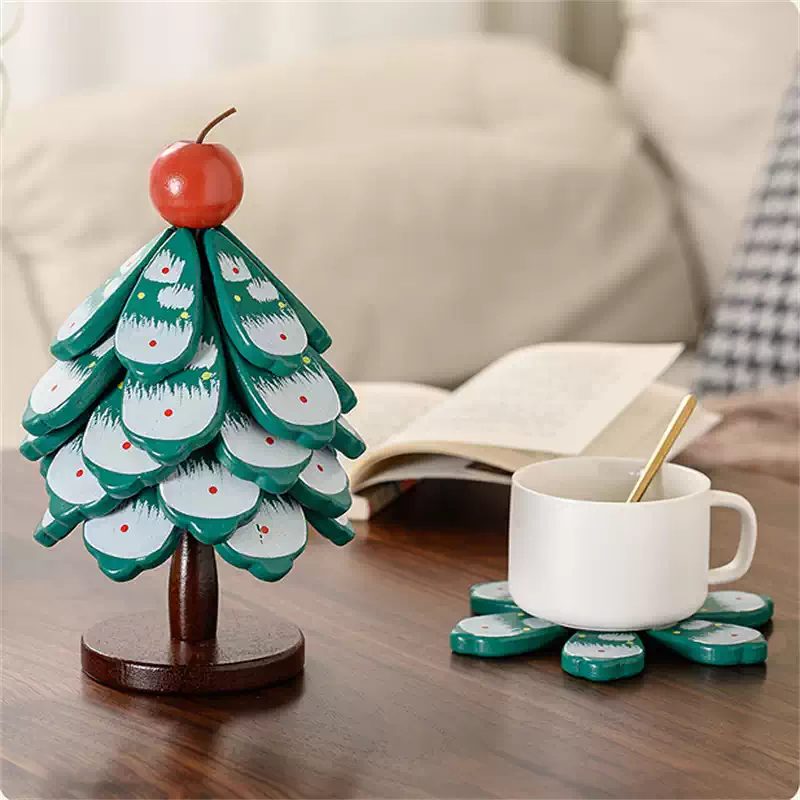 Yusenyi Christmas tree insulation mat coaster solid wood one tree table decoration creative anti-scalding and high temperature resistant pot and bowl mat sideboard (upgraded bamboo model) walnut color 5-piece set