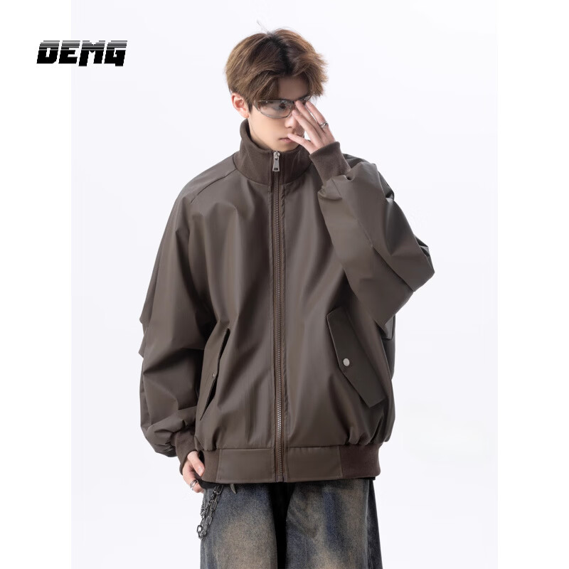 OEMG American coffee color quilted thickened leather jacket men's autumn and winter flight jacket trendy brand loose baseball uniform J2502 coffee color jacket style L recommended 100-110 catties