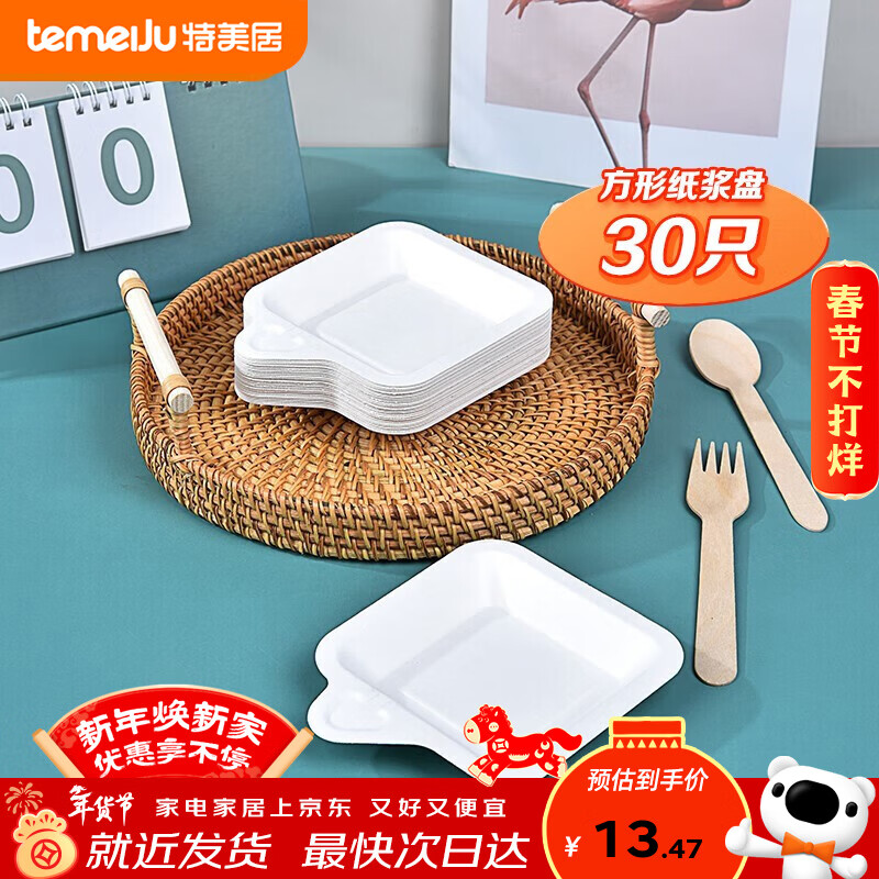 Temeiju disposable plates food grade dinner plates cake plates party barbecue thickened biodegradable sugar cane pulp paper plates dinner square plates 30 pieces