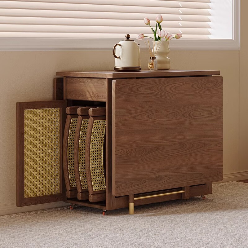 Silan Mengbei multifunctional foldable solid wood dining table and sideboard integrated dining table and dining chairs can be stored to save space for small households (walnut color) folding solid wood dining table + 2 chairs