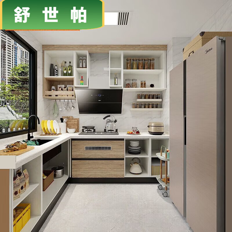 Qinkai cabinets customized integrated kitchen quartz stone countertops L-shaped home decoration stove cabinet integrated kitchen cabinets prepaid