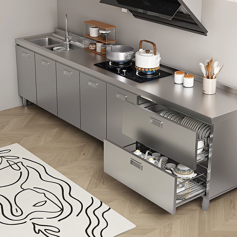 Oluoxun 304 integral stainless steel kitchen cabinets, installation-free, thickened stove, storage cabinets and cupboards, simple integrated cabinets for home use, 170cm four doors and double basins (remarks left and right), 201 stainless steel, shipped in complete package /*50