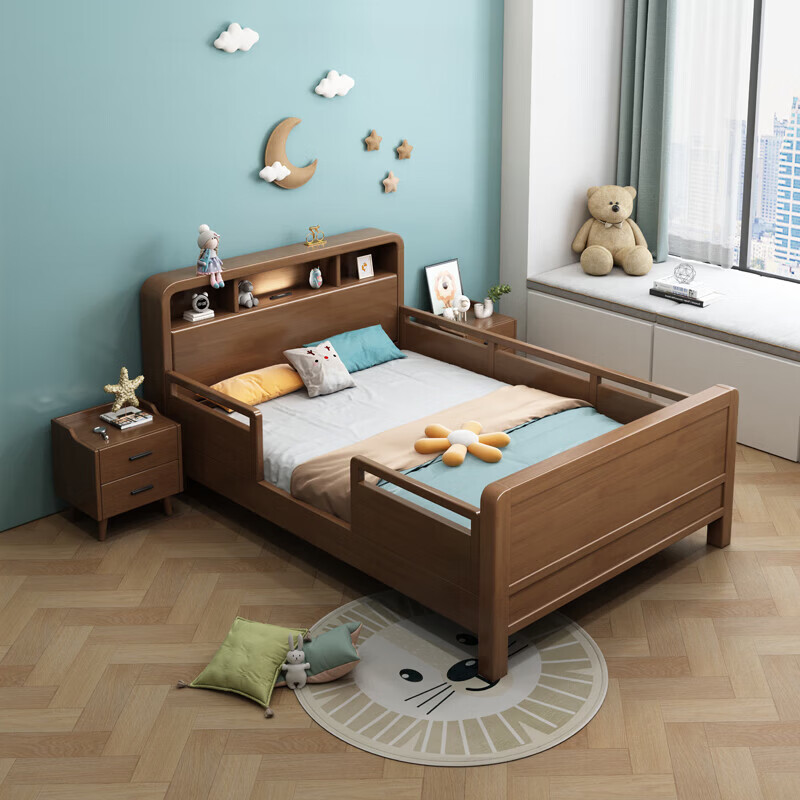 Children's solid wood bed with guardrails dormitory student single bed 1.5 meters simple small apartment bedroom bed with lights solid wood single bed door-to-door delivery 1.35 meters * 2.0 meters frame structure