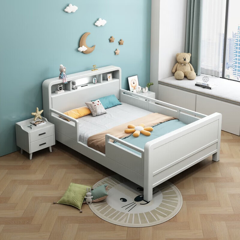 Children's solid wood bed with guardrails dormitory student single bed 1.5 meters simple small apartment bedroom bed with lights solid wood single bed door-to-door delivery 1.35 meters * 2.0 meters frame structure