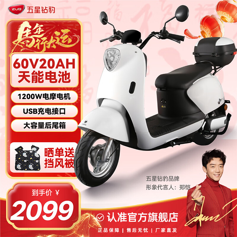 Five-star Diamond Leopard Electric Vehicle for Adults 60V20A Long Range High-Speed Electric Motorcycle 1200W Motor Little Turtle King Battery Vehicle G1 Angel White/Alloy White