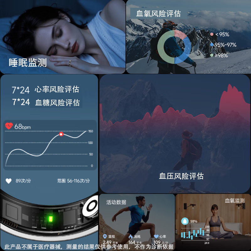 NUIBC black technology non-invasive blood sugar smart ring Ring measures blood lipids, uric acid, blood pressure, heart rate, sleep blood oxygen, body temperature, health risk assessment, sports, Huawei, Samsung, Xiaomi, universal, silver, blood sugar model, size 9, finger circumference/circumference 62mm