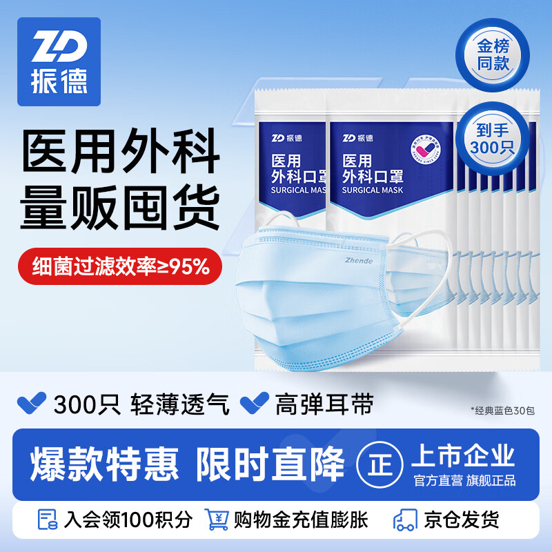 Zhende disposable medical surgical mask for adults and children, three-dimensional three-layer anti-dust droplet mask, blue 300 pieces